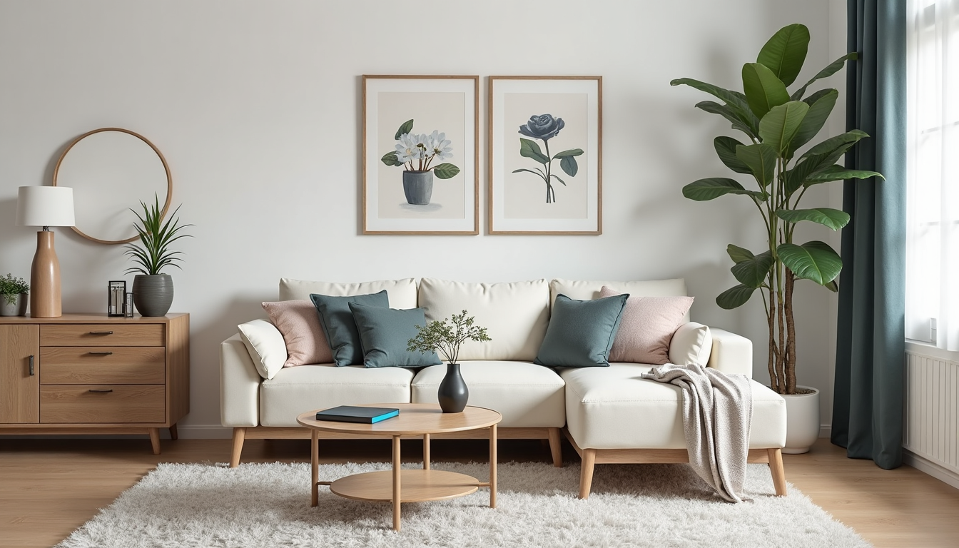 O colecție stilată de decoratiuni IKEA, incluzând vaze, perne și lumânări, aranjate armonios într-un living modern.