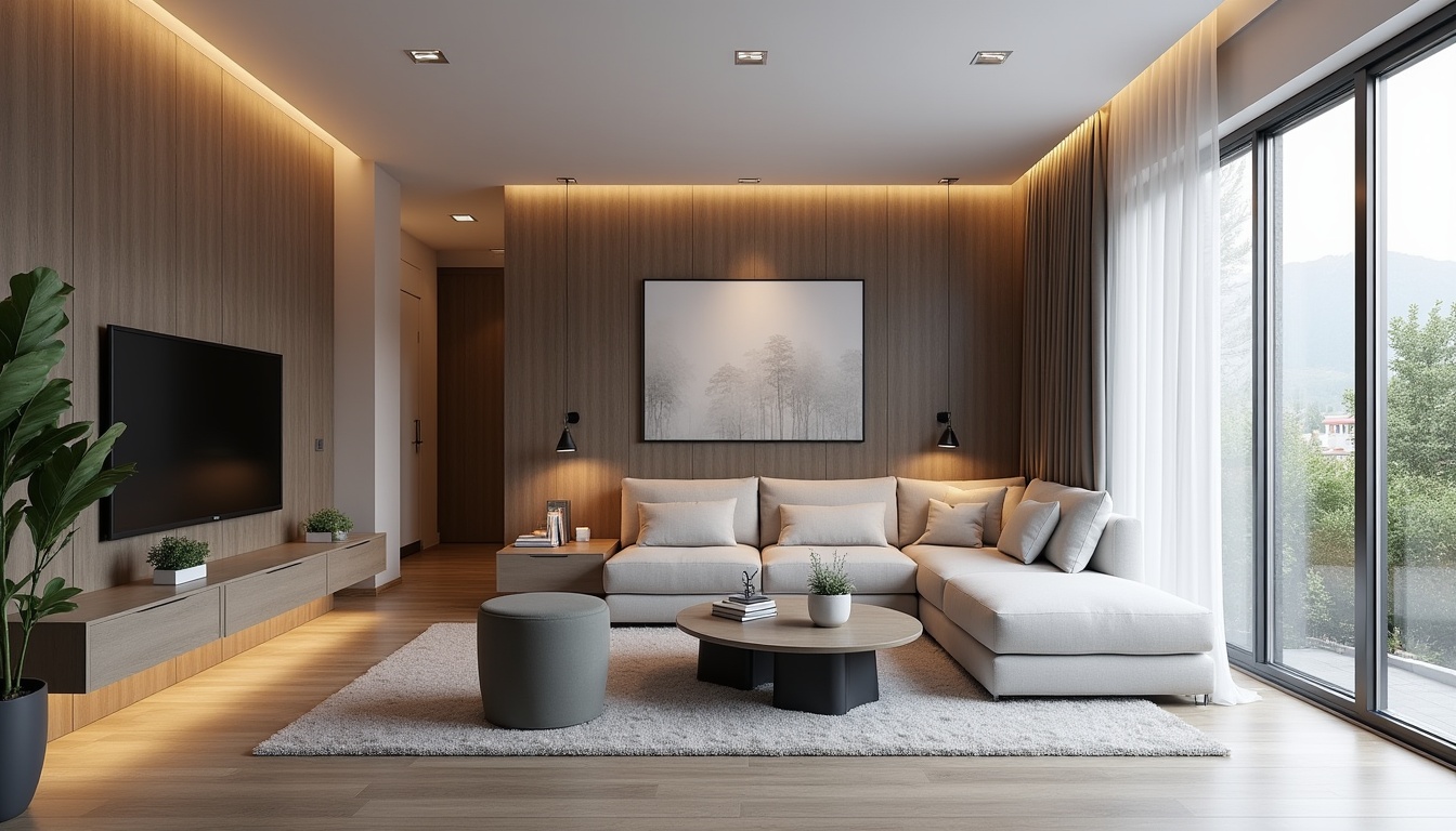 O imagine stilizată a unui living modern, minimalist, cu linii curate și culori neutre, reprezentând design interior modern.