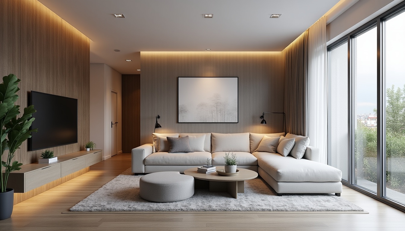O imagine panoramică a unui interior modern de living, cu spații deschise, lumină naturală și mobilier minimalist, ilustrând