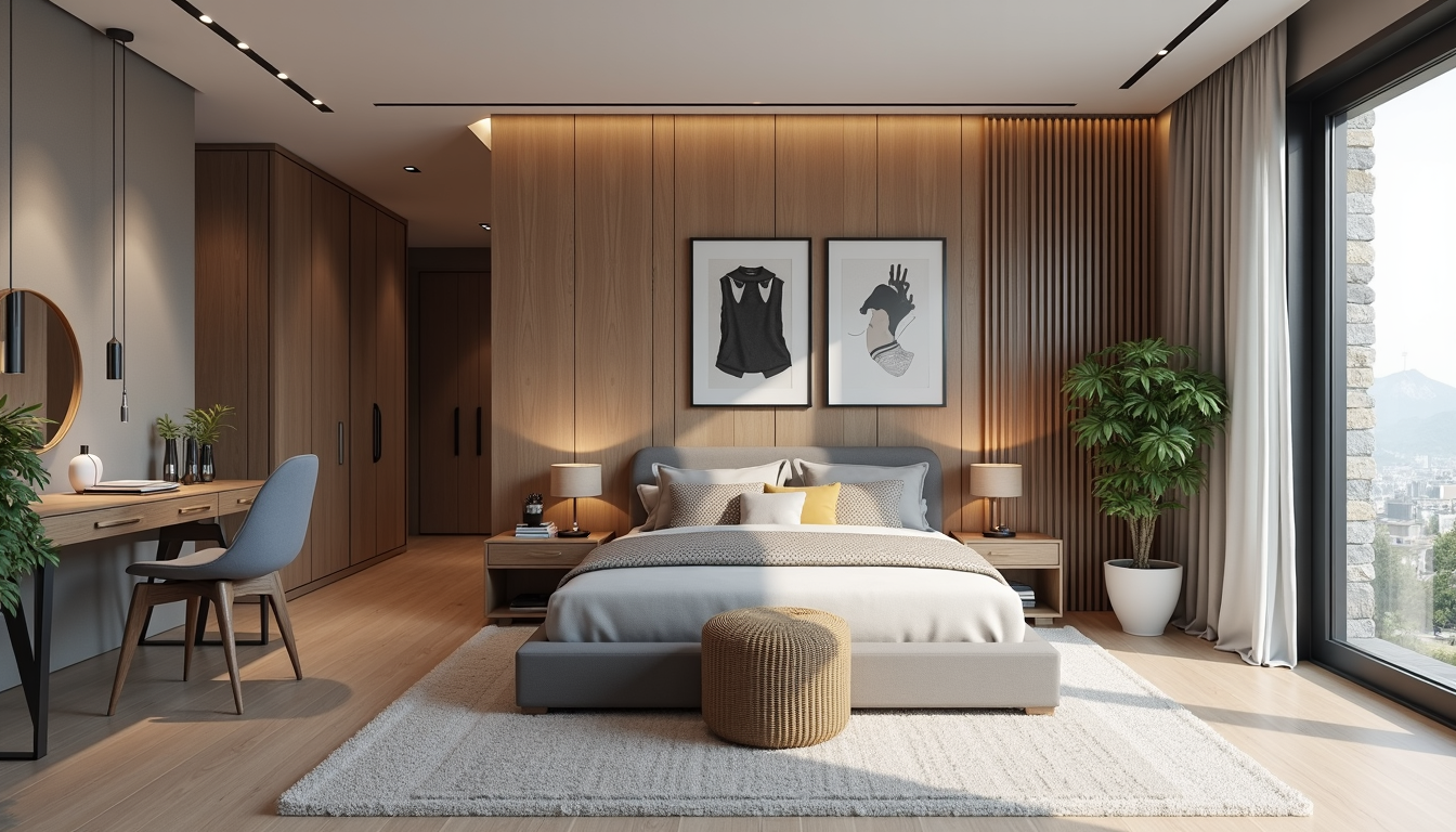 O cameră modernă amenajată cu un design interior minimalist și funcțional, accentuând liniile curate și spațiile deschise